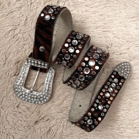 Animal Print Faux Fur Studded Rhinestone Belt - Large, 33.5 - 38.5" Waist - Picture 8 of 10